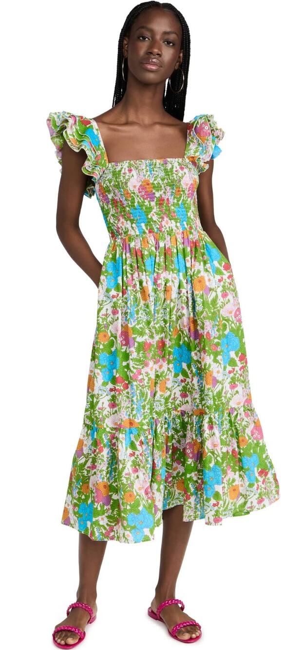 MILLE Resort Tuckernuck Olympia Smocked Midi Cotton Ruffle Dress Summer Garden